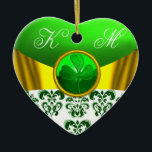 ORNEMENT EN CÉRAMIQUE ST PATRICK'S CELTIC HEART SHAMROCK PHOTO TEMPLATE<br><div class="desc">Elegant heart monogram with white green damask flowers and gold bows for Christmas Holiday,  Saint Patty's Day, Irish wedding, Valentine's Day , save the date, romantic engagement, anniversary , bridal showers.</div>