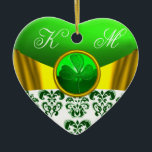 ORNEMENT EN CÉRAMIQUE ST PATRICK'S CELTIC HEART SHAMROCK PHOTO TEMPLATE<br><div class="desc">Elegant heart monogram with white green damask flowers and gold bows for Christmas Holiday,  Saint Patty's Day, Irish wedding, Valentine's Day , save the date, romantic engagement, anniversary , bridal showers.</div>