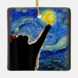 Ornement En Céramique Starry Night Cat, Van Gogh Amoureux des chats Cat