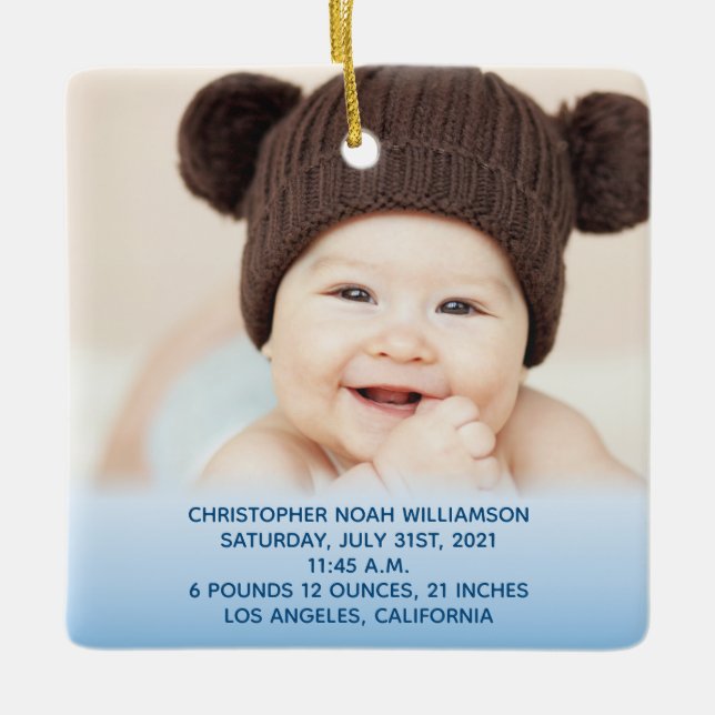 Ornement En Céramique Statistiques Bébé Bleu 1ère photo de Noël (Devant)