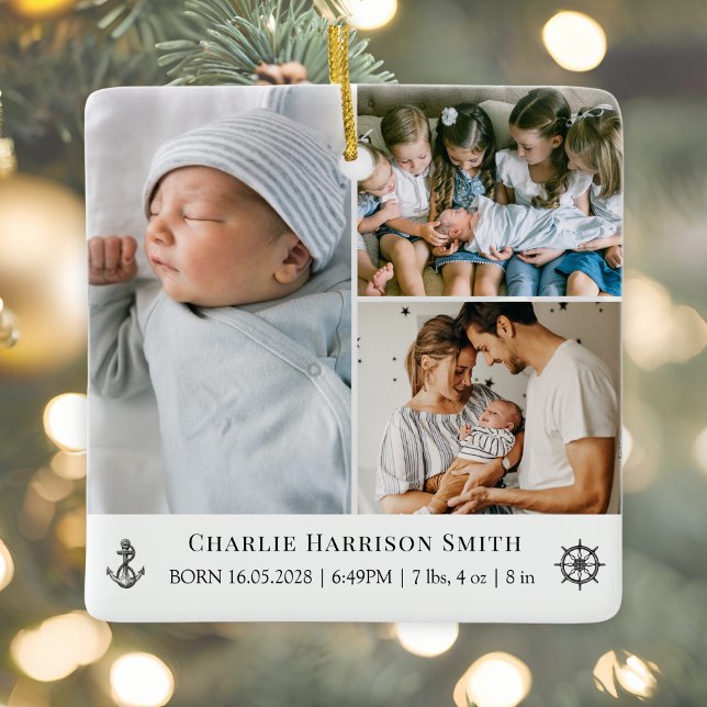Ornement En Céramique Statistiques et photos sur le nouveau-né (Christmas Ornament with Newborn Baby Stats and three photos. Nautical ship wheel and anchor graphic)