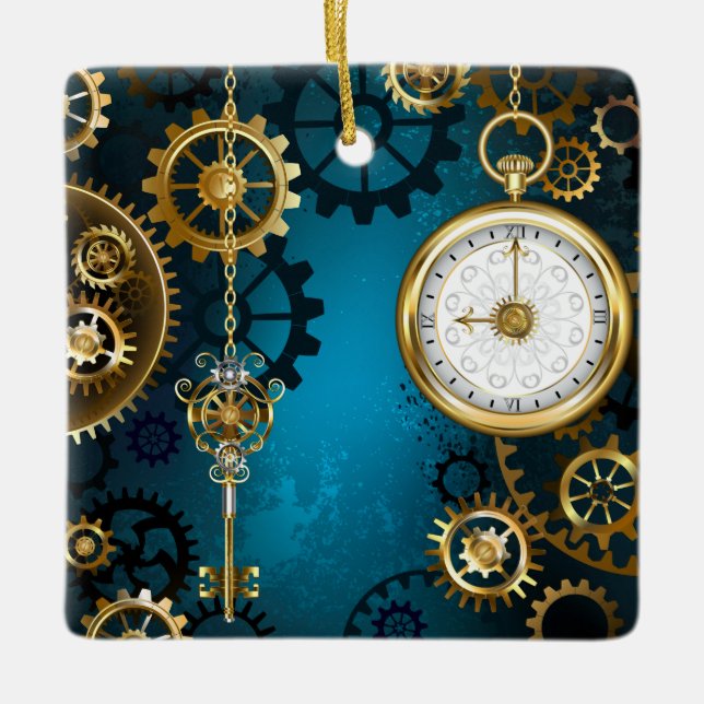 Ornement En Céramique Steampunk Arrière - plan turquoise avec Gears (Devant)