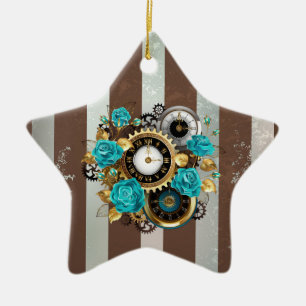 Ornement En Céramique Steampunk Clock and Turquoise Roses on Striped