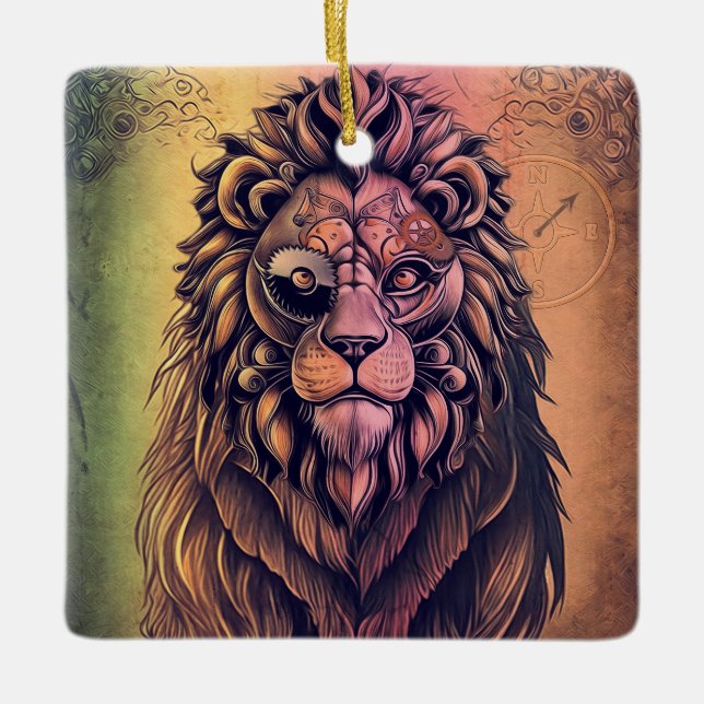 Ornement En Céramique Steampunk Couleur Gradient Lion Rustique (Devant)