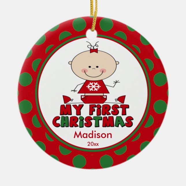 Ornement En Céramique Stick Figure Girl Baby's First Christmas Ornament (Devant)