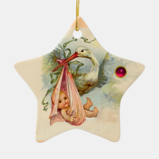 ORNEMENT EN CÉRAMIQUE STORK BÉBÉ FILLE DOUCHE ÉTOILE MONOGRAM ROUGE RUBY (Devant)