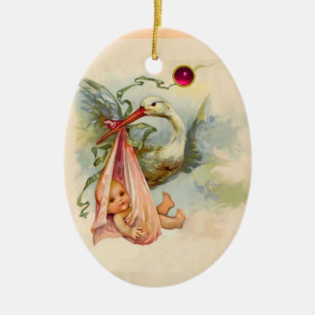 ORNEMENT EN CÉRAMIQUE STORK BÉBÉ FILLE DOUCHE MONOGRAM ROUGE RUBY (Devant)