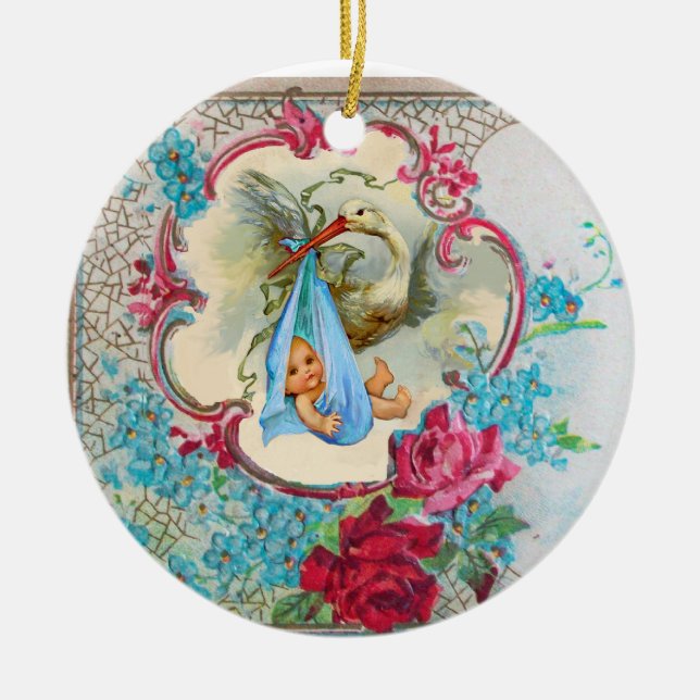 Ornement En Céramique STORK BÉBÉ GARÇON DOUCHE 2 MONOGRAM Blue Aquamarin (Devant)