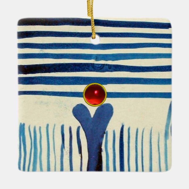 ORNEMENT EN CÉRAMIQUE STRIPES BLEUS ET RUBY ROUGE (Devant)