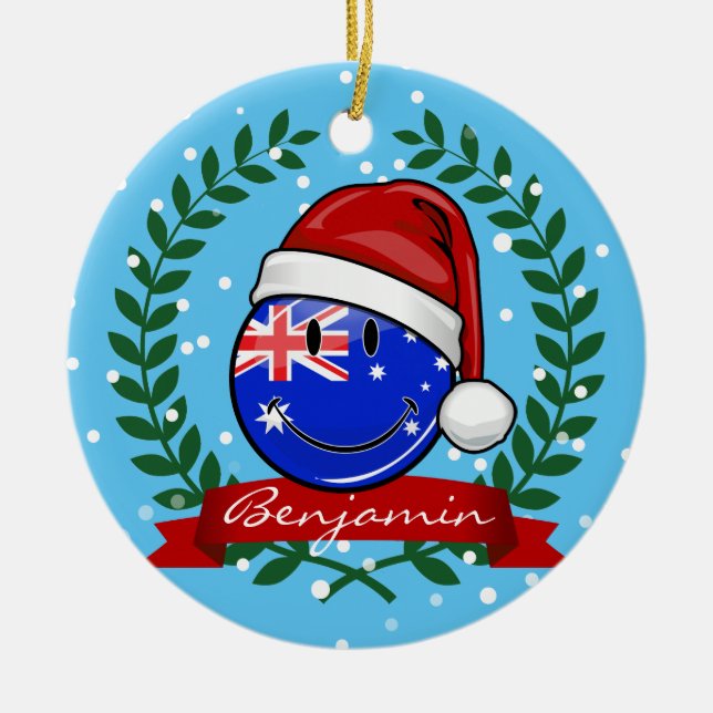 Ornement En Céramique Style Auzzie de Noël Drapeau australien souriant (Devant)