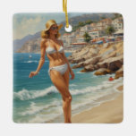 Ornement En Céramique Style vintage French Riviera Travel Beach Girl<br><div class="desc">Publicité vintage de Voyage en France et en Europe - Illustration Plage,  village,  personnes,  mer bleue et ciel</div>