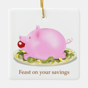 Ornement En Céramique Suckling Piggy Bank "Fête sur vos économies" Arg
