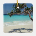 Ornement En Céramique Sunny Tropical Beach Ocean Paradise<br><div class="desc">Un ornement avec une belle photo ensoleillée. Eaux turquoise tropicales bleues de l'océan,  avec une plage de sable blanc. Un arbre tropical en solo offre un endroit agréable pour se détendre et profiter de cet endroit idyllique pittoresque.</div>