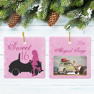 Ornement En Céramique Sweet 16 Voiture personnalisée Photo rose Noël