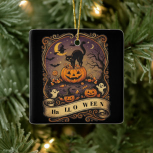 Ornement En Céramique T Halloween Vintage Chat Noir Citrouille Sorcière