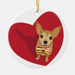 Ornement En Céramique Tan Chihuahua avec cravate arc dans un coeur rouge