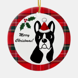 Ornement En Céramique Tartan de bande dessinée de Noël de Boston Terrier