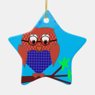 Ornement En Céramique Tartan et Chouette des Coeurs