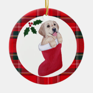 Ornement En Céramique Tartan jaune de chiot de Labrador de Noël