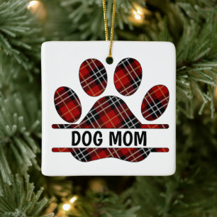 Ornement En Céramique Tartan Plaid DOG MOM Pawprint