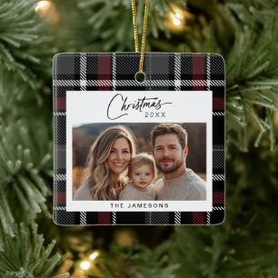Ornement En Céramique Tartan Plaid Photo Noël