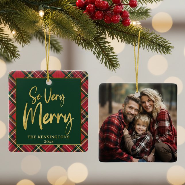 Ornement En Céramique Tartan Rouge Plaid Fête Photo Noël (Red Tartan Plaid Holiday Photo Christmas Square Ceramic Ornament)