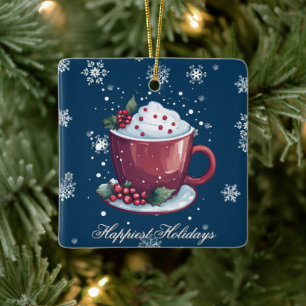 Ornement En Céramique Tasse de chocolat chaud de Noël Bleu
