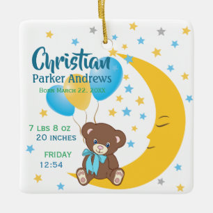 Ornement En Céramique Teddy Bear assis sur la Lune Baby Birth Statistiqu