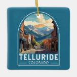 Ornement En Céramique Telluride Colorado Travel Art Vintage<br><div class="desc">Telluride design de voyage rétro vectoriel dans un style emblème. Telluride,  une ancienne ville minière victorienne située dans les Rocheuses du Colorado,  est située dans un canyon boisé au milieu de sommets boisés,  au pied d'une station de ski et de golf populaire.</div>