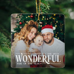 Ornement En Céramique Temps le plus merveilleux 2 photos Noël<br><div class="desc">Créez un souvenir unique et chérissez des souvenirs spéciaux avec ce ornement d'arbre de Noël avec la légende "C'est le moment le plus merveilleux de l'année". Ajoutez deux de vos photos préférées et mettez-vous dans l'humeur pour la fête!</div>