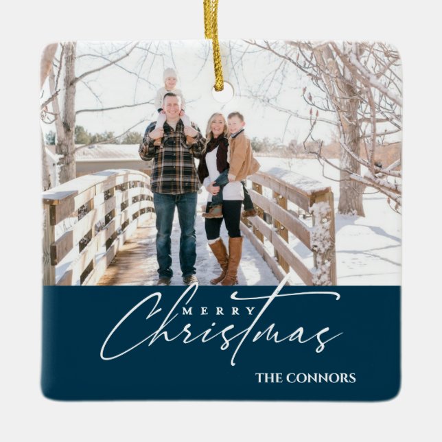 Ornement En Céramique Terracotta Photo Joyeux Noël Script Famille (Devant)