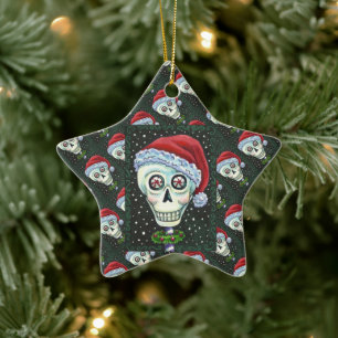 ORNEMENT EN CÉRAMIQUE TÊTE MORTE PÈRE NOËL SKULL, HUMOUR SKELETON DE NOË