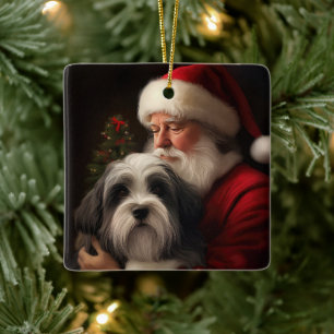 Ornement En Céramique Tibétain Terrier Père Noël Noël Festif