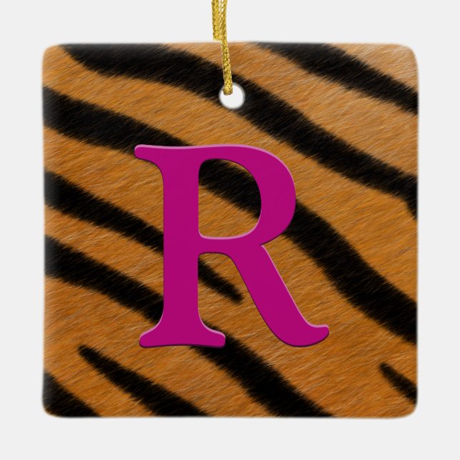 Ornement En Céramique Tiger Fur Personalized Monogram & Message Magenta (Devant)