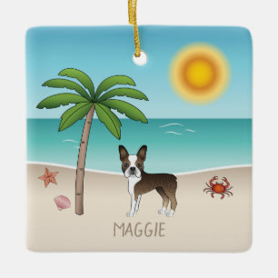Ornement En Céramique Tigre Boston Terrier sur une plage tropicale d'été