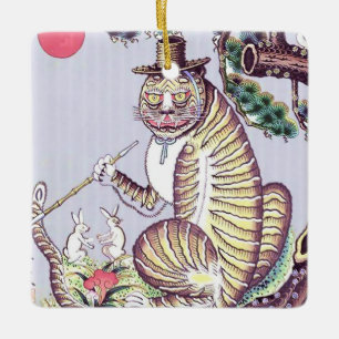 Ornement En Céramique Tigre Minhwa avec lapins et pipe