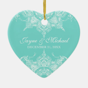 Ornement En Céramique Toile Damask Swirl Premier Noël Aqua Blue
