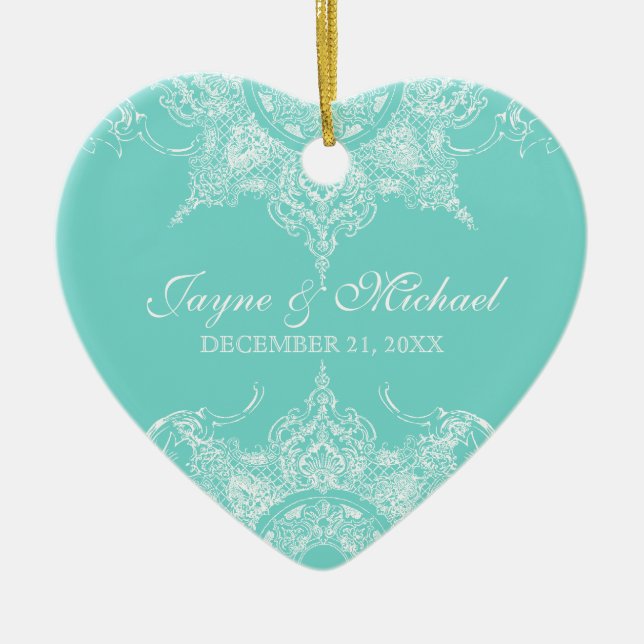 Ornement En Céramique Toile Damask Swirl Premier Noël Aqua Blue (Devant)