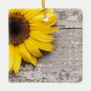 Ornement En Céramique Tournesol sur une table en bois