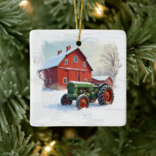 Ornement En Céramique Tracteur de la ferme verte de Noël et grange rouge