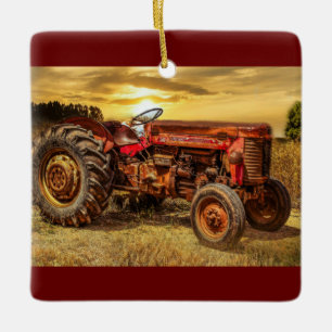 Ornement En Céramique Tracteur Vintage Red Farm
