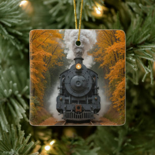 Ornement En Céramique Train à vapeur vintage dans les bois en automne