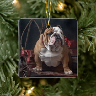 Ornement En Céramique Traîneau enneigé de Noël Bouledogue