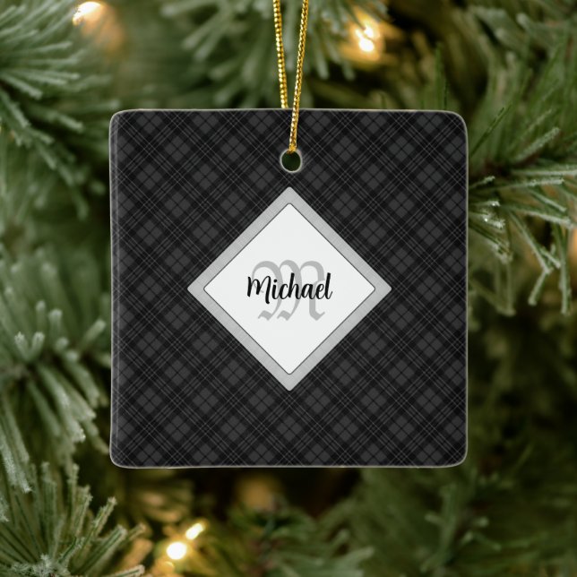 Ornement En Céramique Trendy noir blanc tartan Personnaliser Monogramme (Arbre)