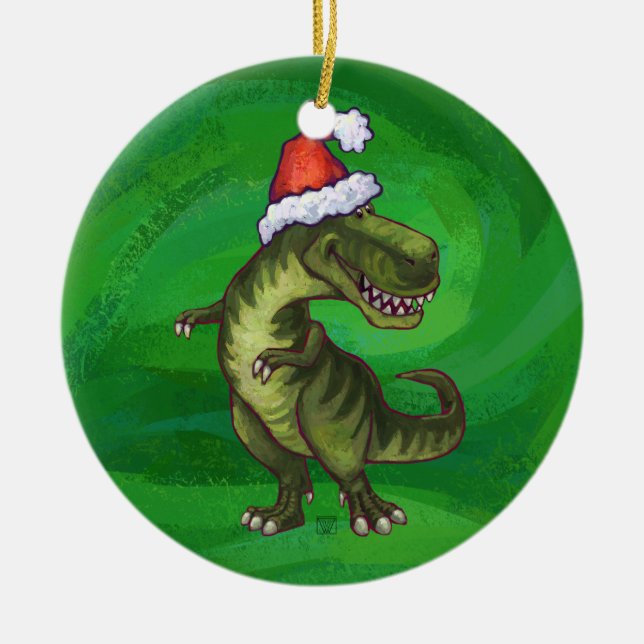 Ornement En Céramique TRex à Santa Hat sur Green (Devant)