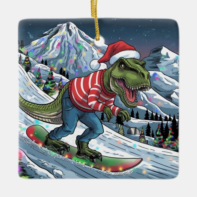 Ornement En Céramique TRex snowboard aux couleurs psychédéliques de mont (Devant)