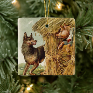 Ornement En Céramique Trois Petits Cochons Grand Mauvais Loup, Vintage C