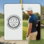 Ornement En Céramique Trou de golf en une photo personnalisée Golfer<br><div class="desc">Avec un effet de timbre vieilli design rétro classique. Personnalisez les 2 photos du golfeur,  son nom,  son numéro de trou de localisation et sa date pour créer un grand gardien pour célébrer ce fantastique trophée de golf trou en un. Conçu par Thisisnotme©</div>