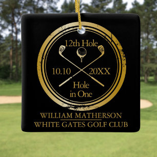 Ornement En Céramique Trou en un de golf personnalisé rétro noir et or