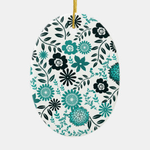 Ornement En Céramique Turquoise bleu et vert olive foncé motif floral